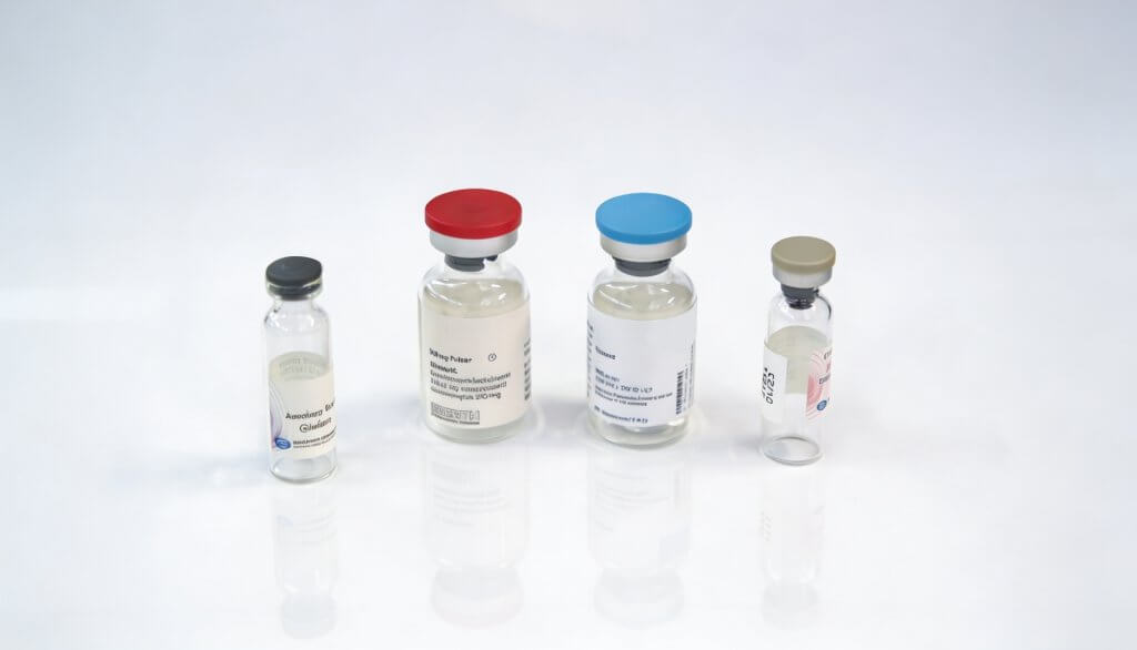 set di fiale farmaceutiche in vetro trasparente etichettate di diverse dimensioni con tappi di diverso colore